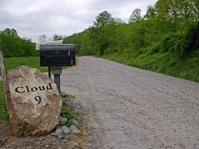 Dirt road with greenery on both sides, a black mailbox, and a large rock with "Cloud 9" engraved on it.